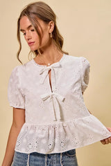 Trendsi SO ME Cotton Eyelet Front Tie Short Sleeves Blouse -