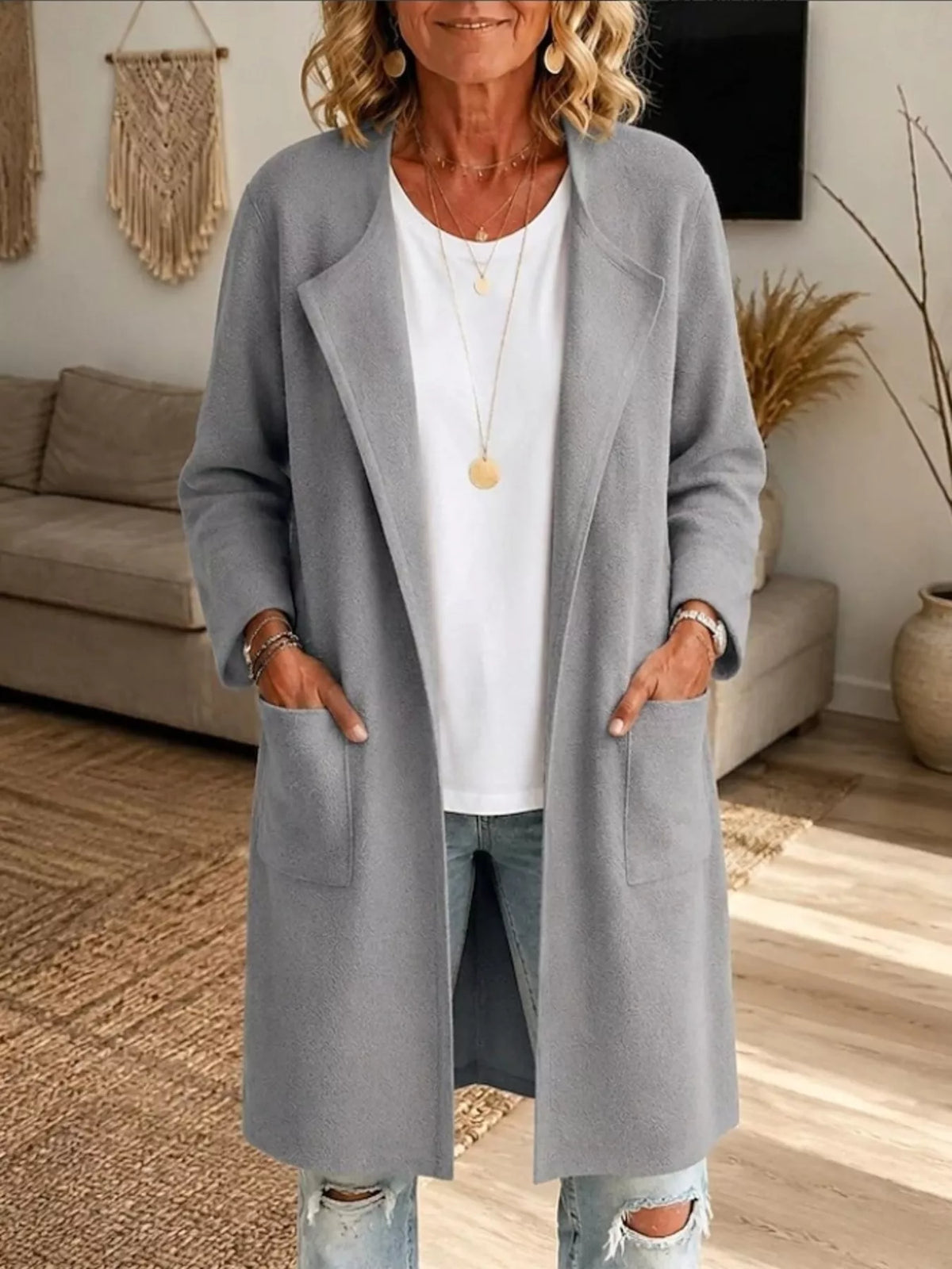 Gray open-front longline knit cardigan