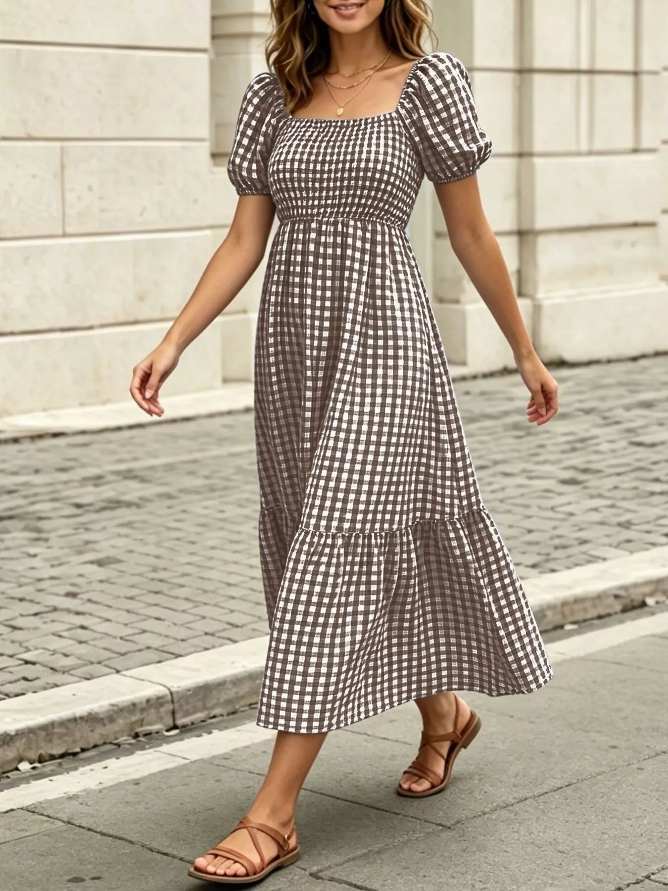 Trendsi Gingham Smocked Puff Sleeve Midi Dress -