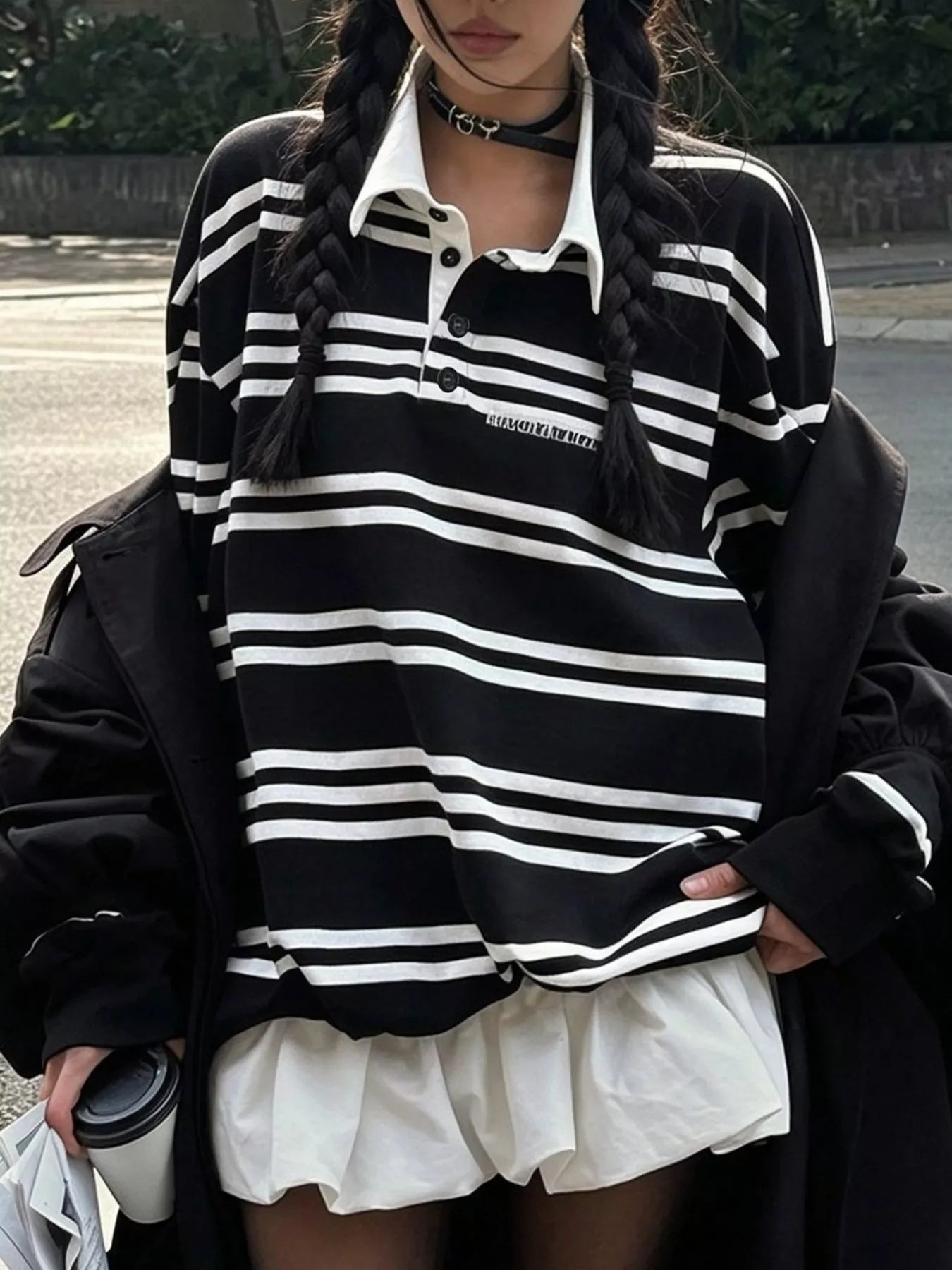 Trendsi Oversized Striped Contrast Collar Polo Top -