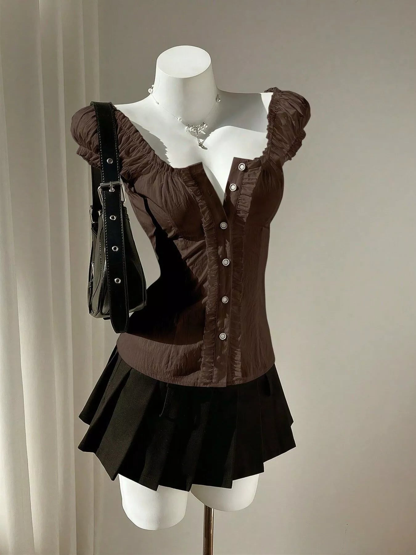 Trendsi Chic Puff Sleeve Ruched Button-Up Blouse -