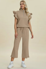 Trendsi Double Take Full Size Texture Ruffle Short Sleeve Top and Wide Leg Pants Set -