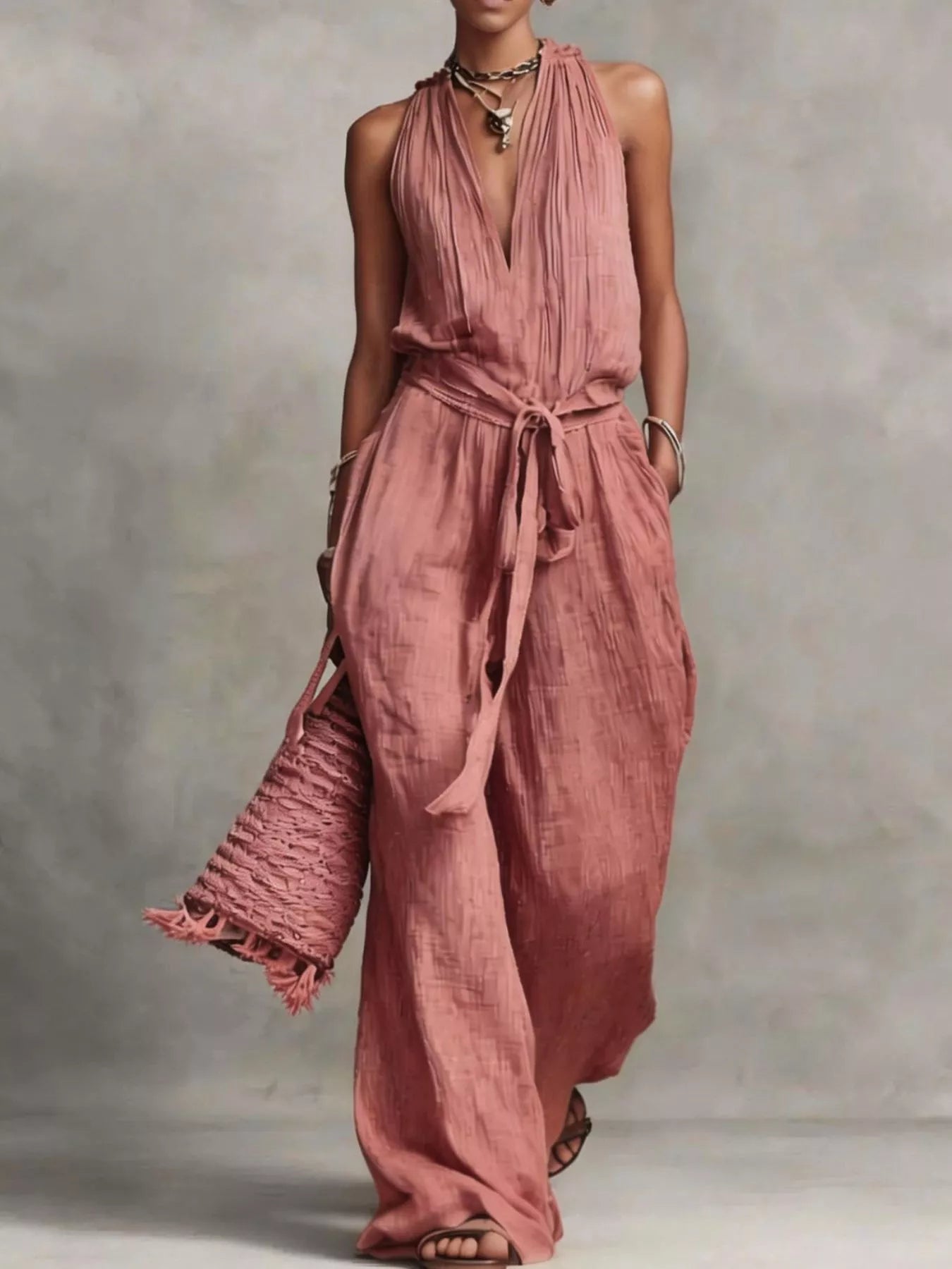 Trendsi Sleeveless Wide-Leg Jumpsuit with Tie-Waist -