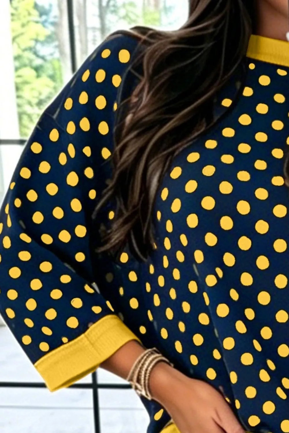 Women's Polka Dot Sweatshirt with Contrast Trim in Dark Navy, alternate view