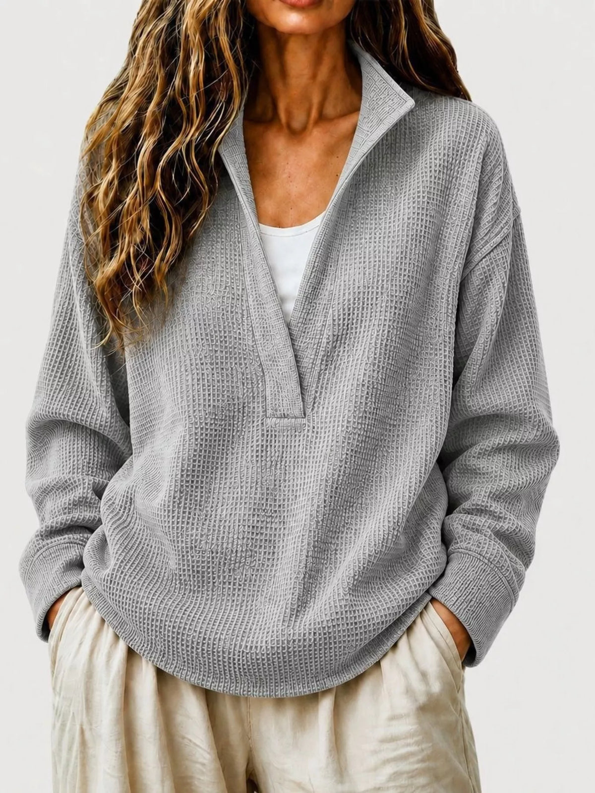 Gray Waffle Knit Dropped Shoulder Sweatshirt front view