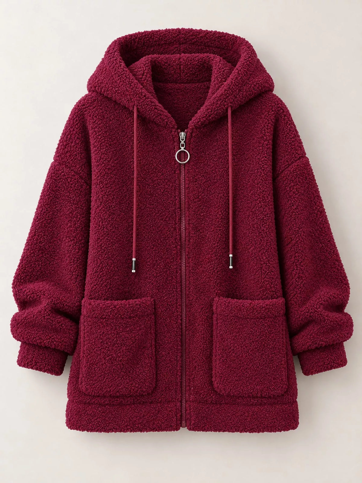 Burgundy fleece zip-up hoodie with pockets