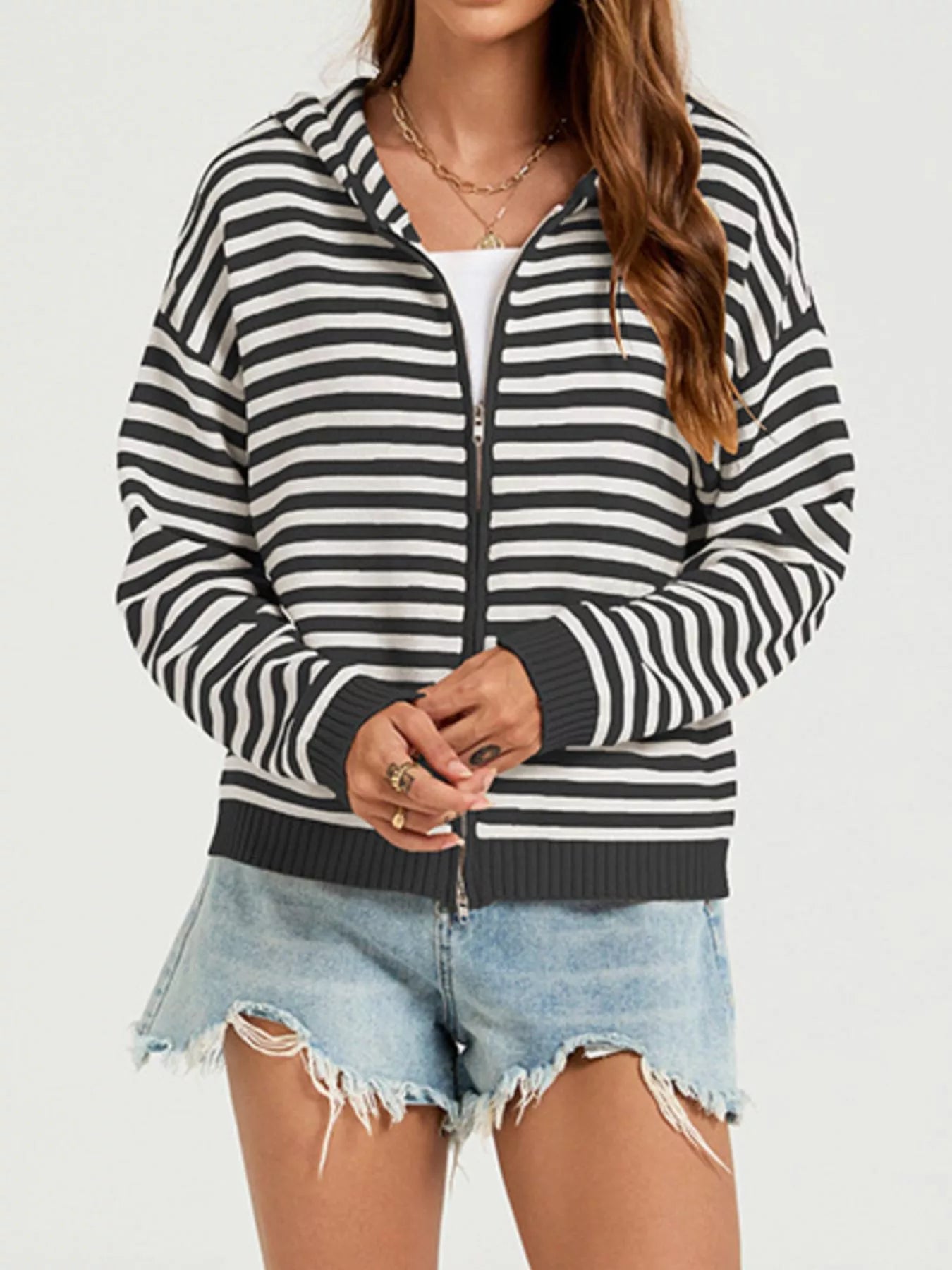 Trendsi Striped Hooded Zip-Up Knit Cardigan -