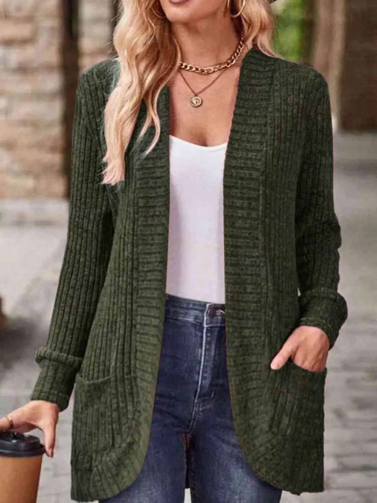 Ribbed Knit Open Front Cardigan with Pockets — front view