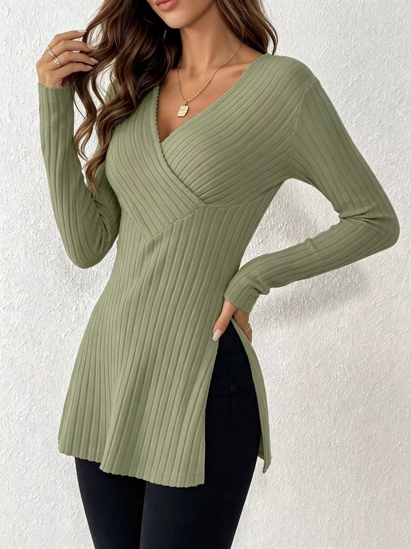 Trendsi Ribbed Knit Long Sleeve Wrap T-Shirt -