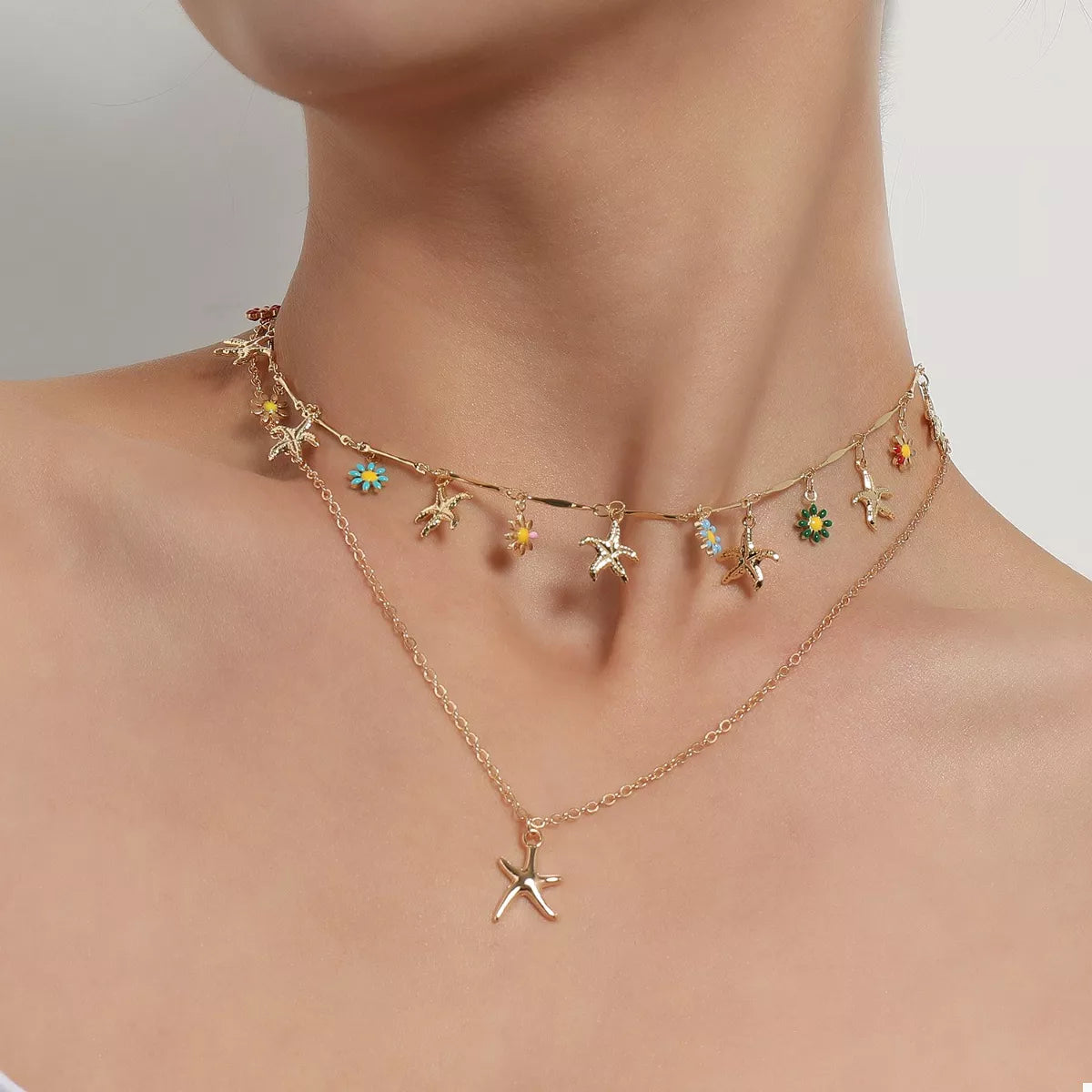 Trendsi Starfish Charm Double Layered Necklace -