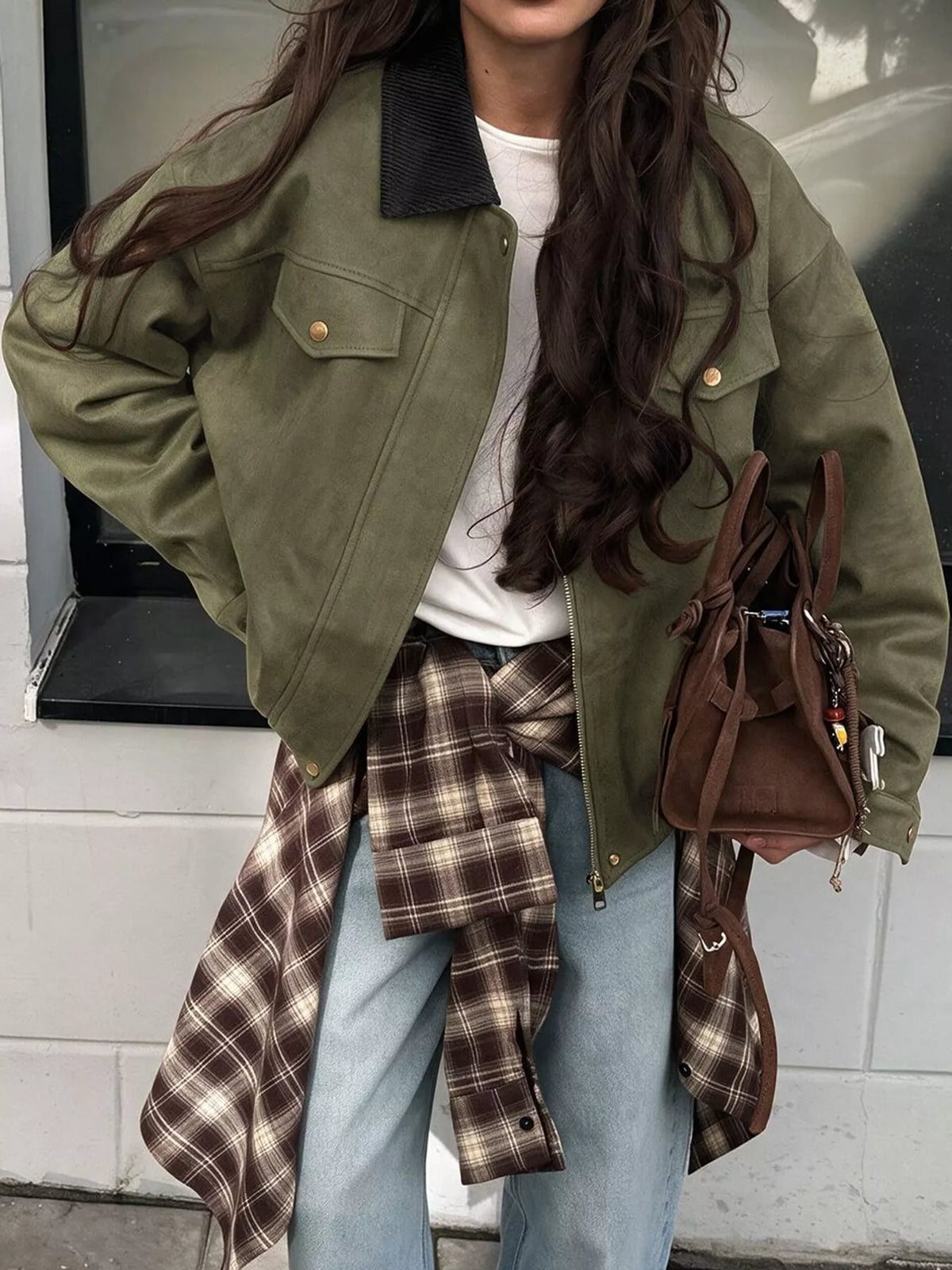 Green zip-up dropped shoulder jacket — front view