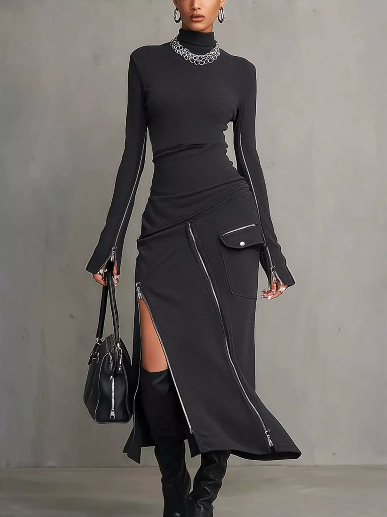 Trendsi Mock Neck Long Sleeve Zipper Detail Maxi Dress -