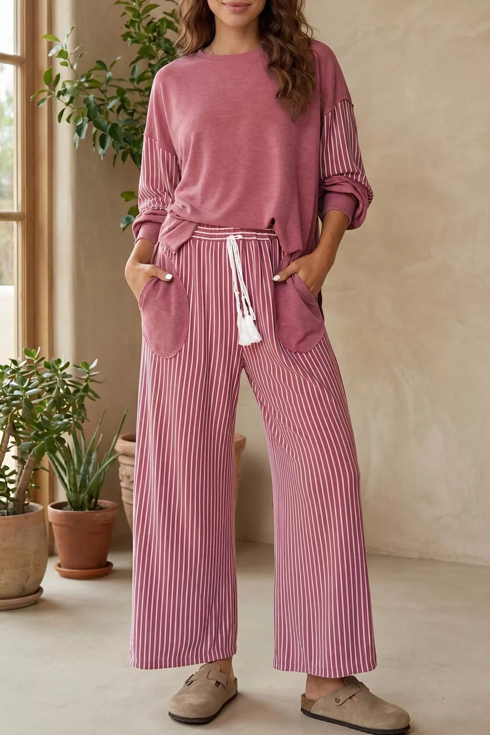 Trendsi Rae Edge Patchwork Long Sleeve Top and Pocket Casual Pants Set -