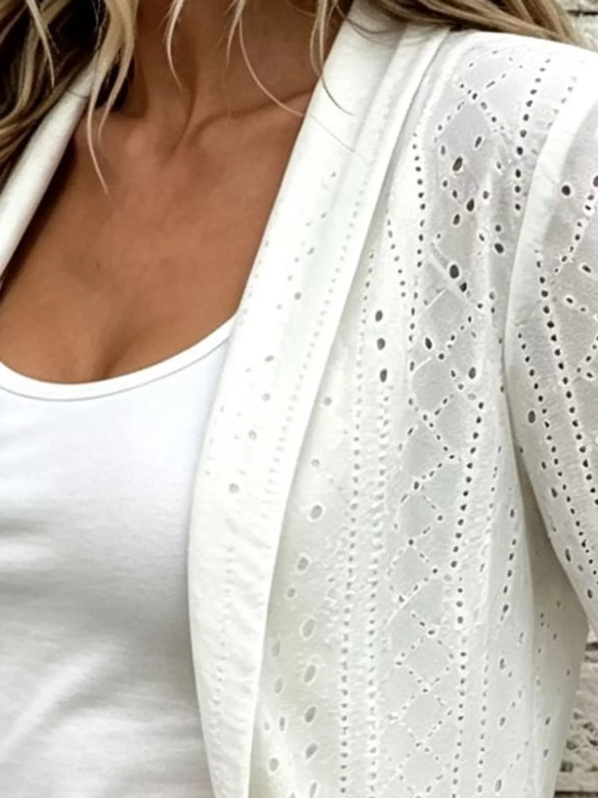 Eyelet Open-Front Cardigan — garment construction details