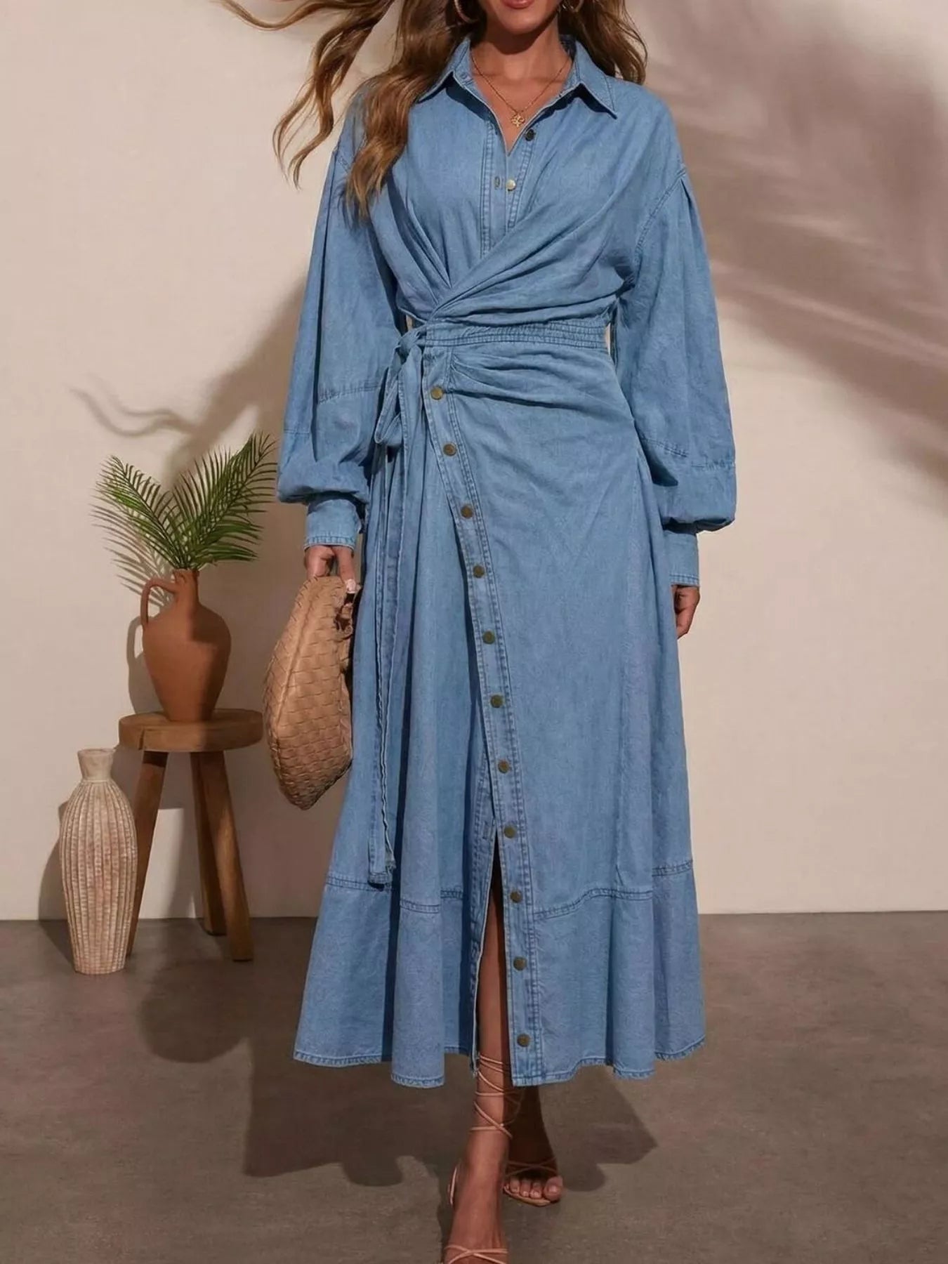 Trendsi Long Sleeve Wrap-Front Denim Dress -