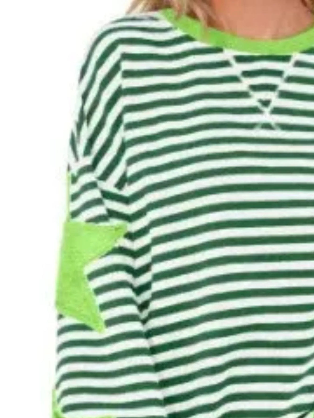 Light Green Star-Patch Striped Oversized Sweatshirt star detail