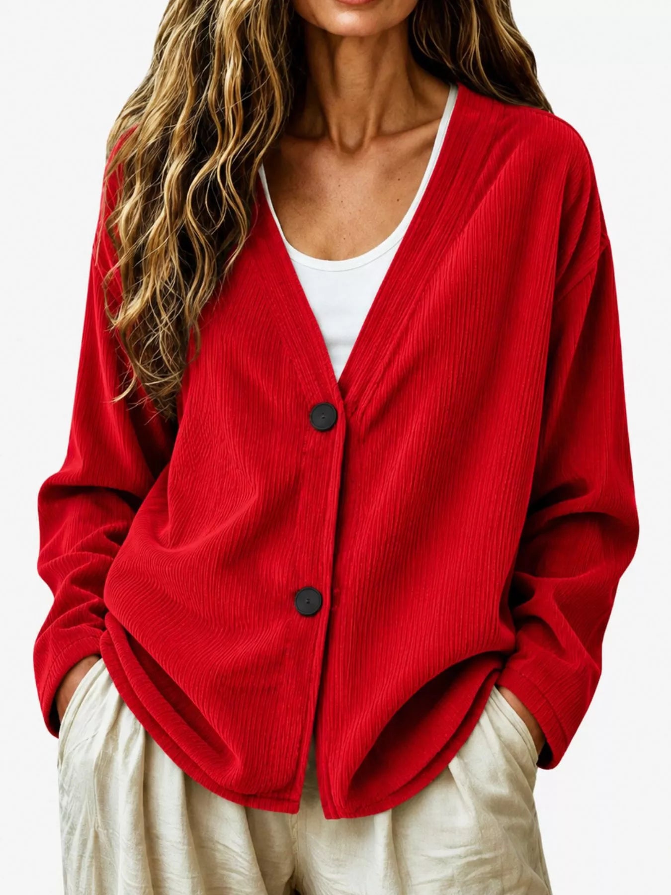 Trendsi Casual Corduroy Button-Up Cardigan -