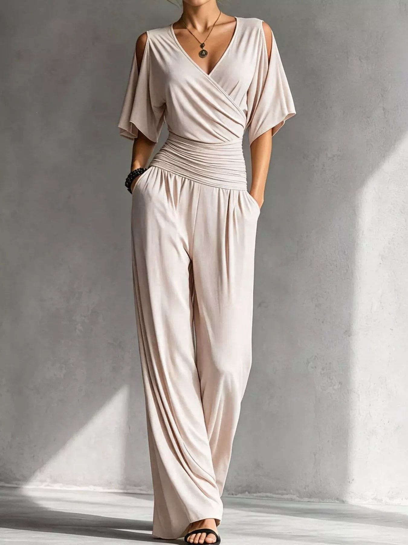 Trendsi Cold Shoulder Ruched Waist Wide-Leg Jumpsuit -