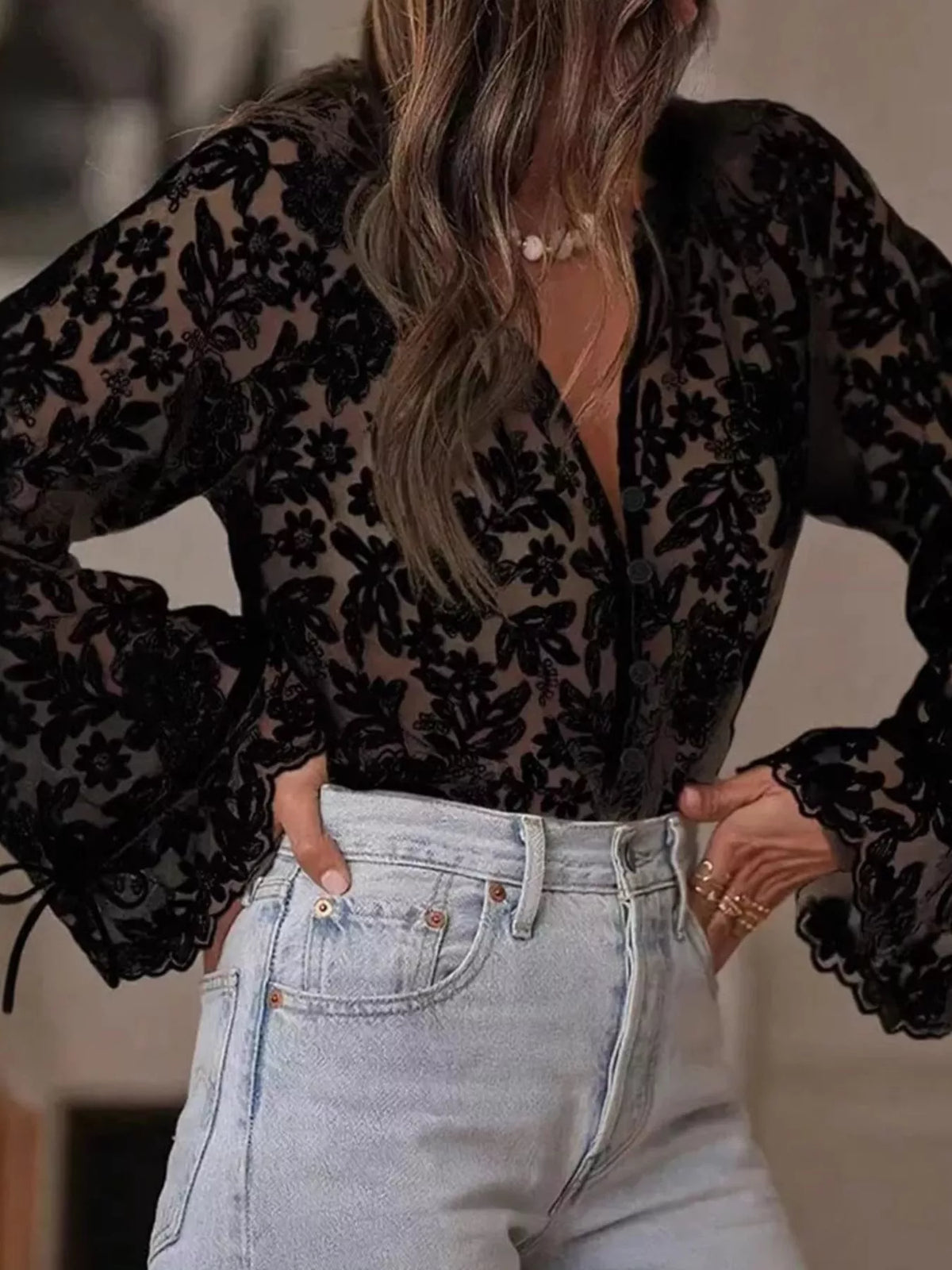 Floral Lace Sheer Shirt — front view