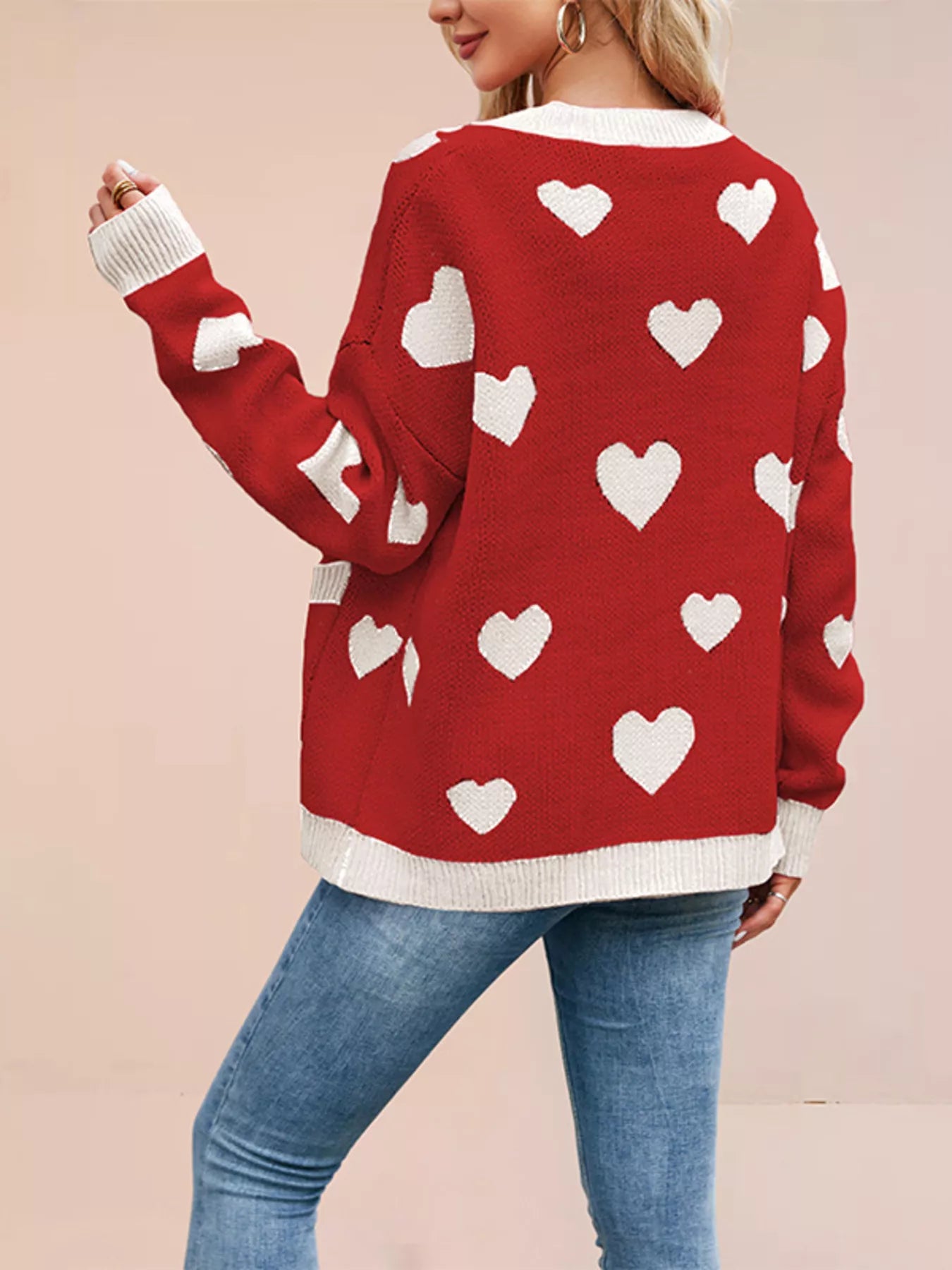 Trendsi Heart Pattern V-Neck Button-Down Knit Cardigan -