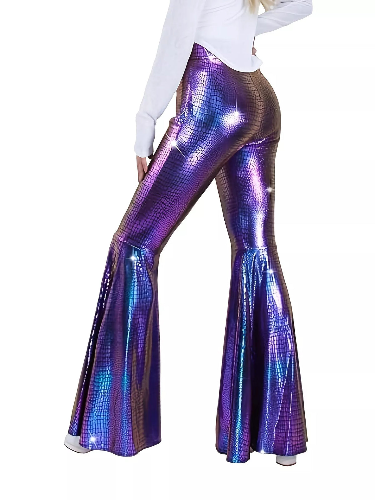 Iridescent purple high-waisted flare pants — back view