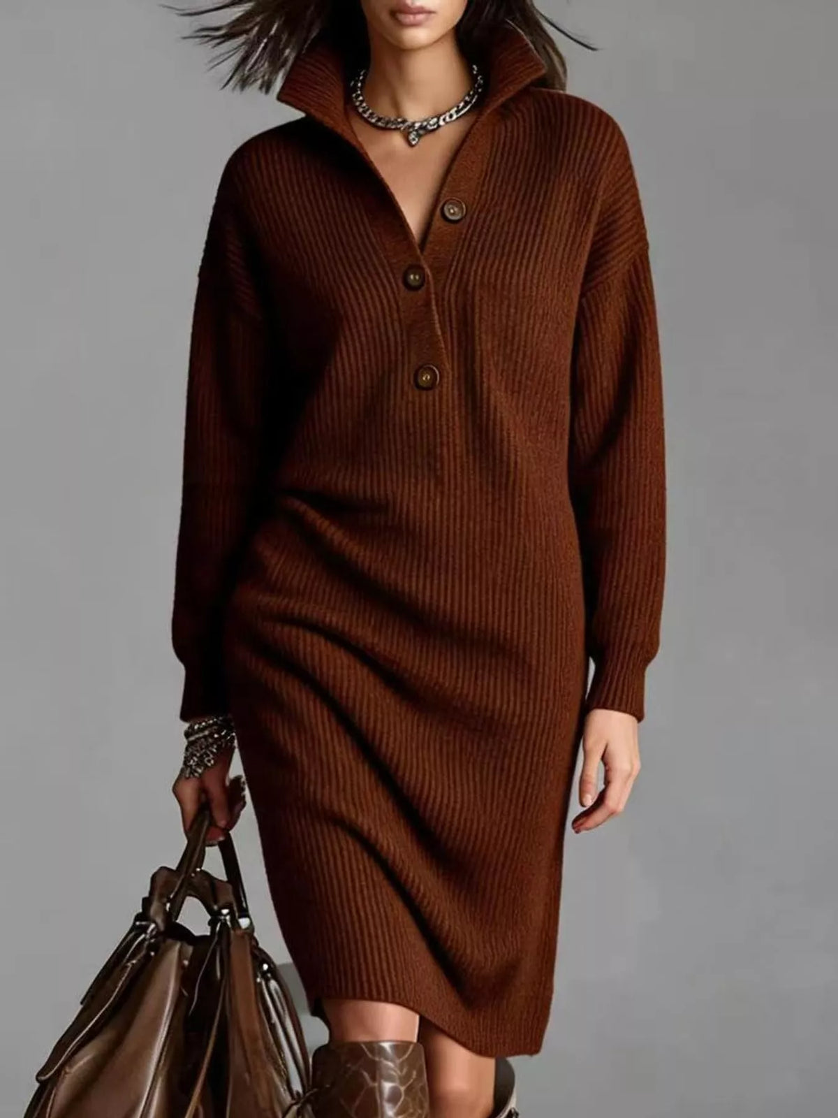Collared long sleeve knee dress, front view on model