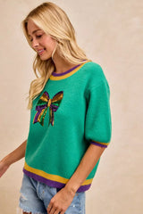 Trendsi BiBi Mardi Gras Sequin Ribbon Patched Sweater -