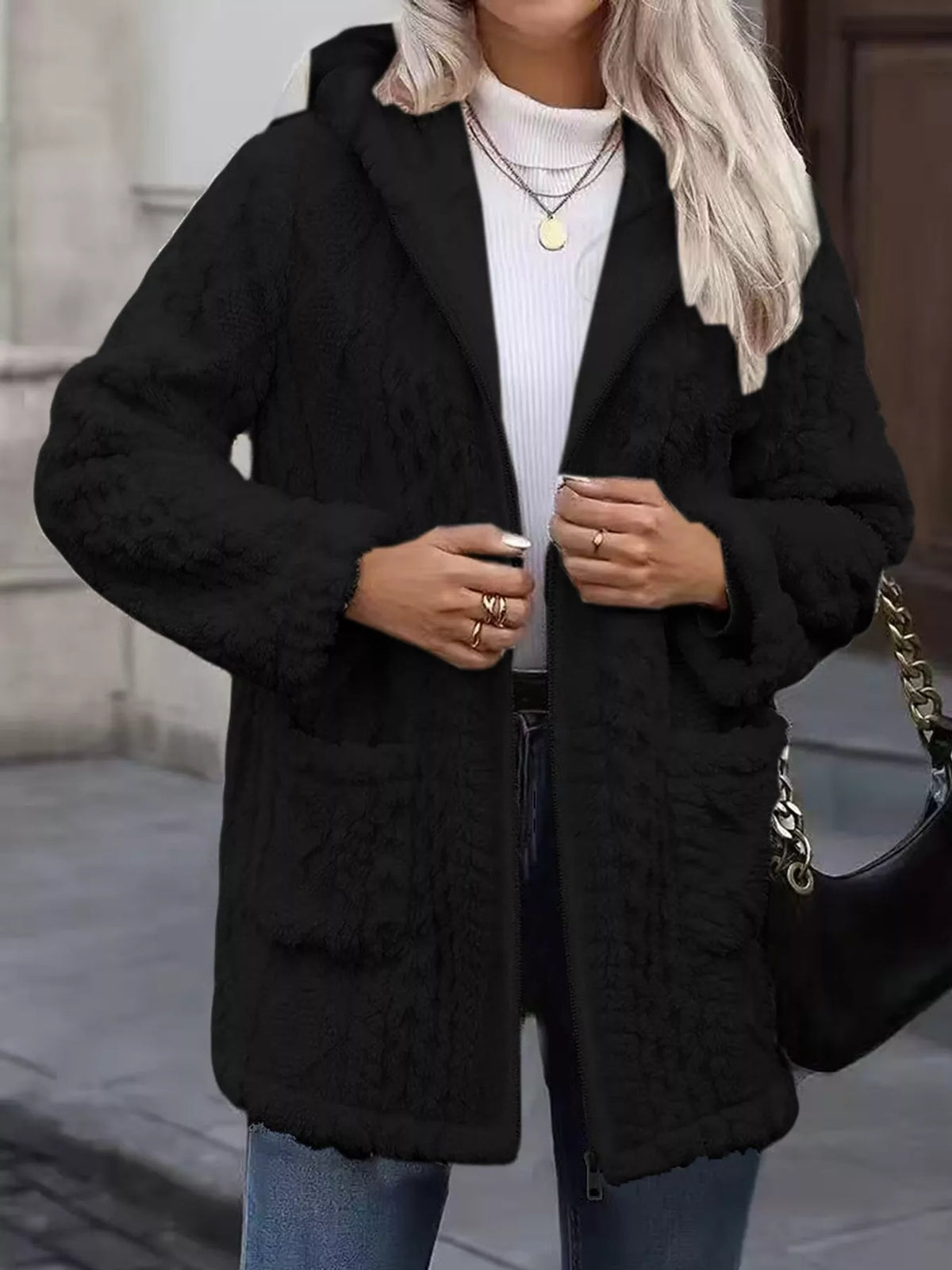 Black faux fur hooded zip-up jacket