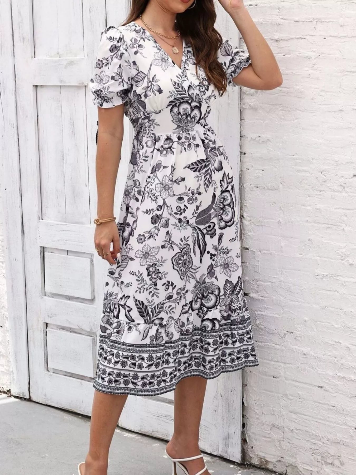 Trendsi Floral Print Puff Sleeve Wrap Midi Dress -