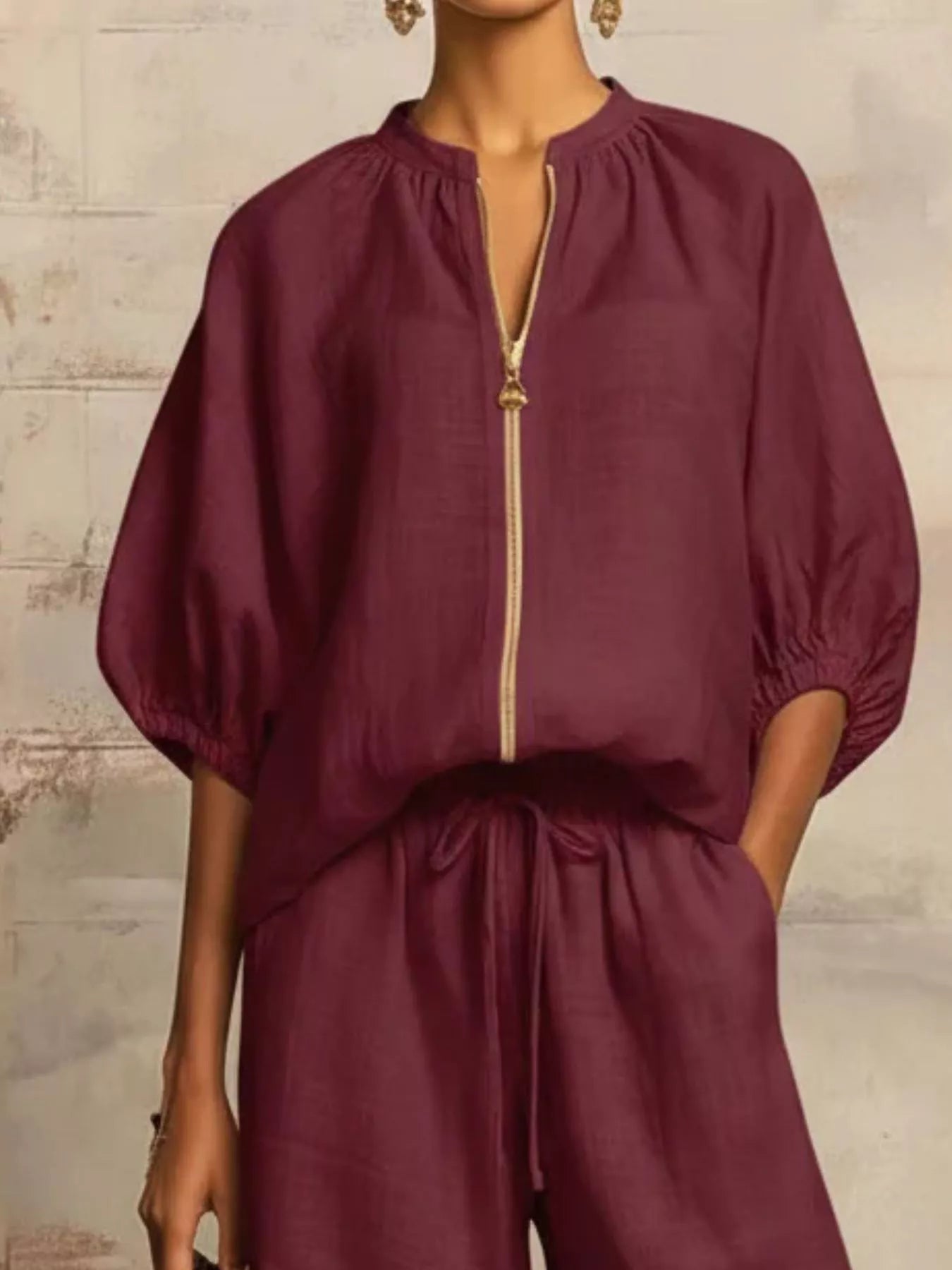 Zip-front top and wide-leg pants set