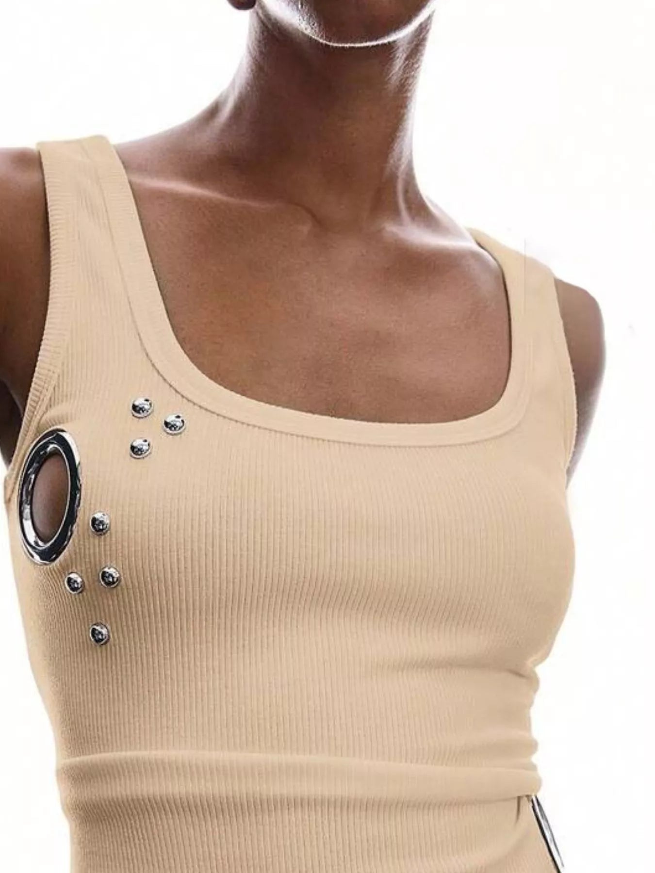 Trendsi Ribbed Tank Top with Metal Grommet Cutouts and Stud Embellishments -