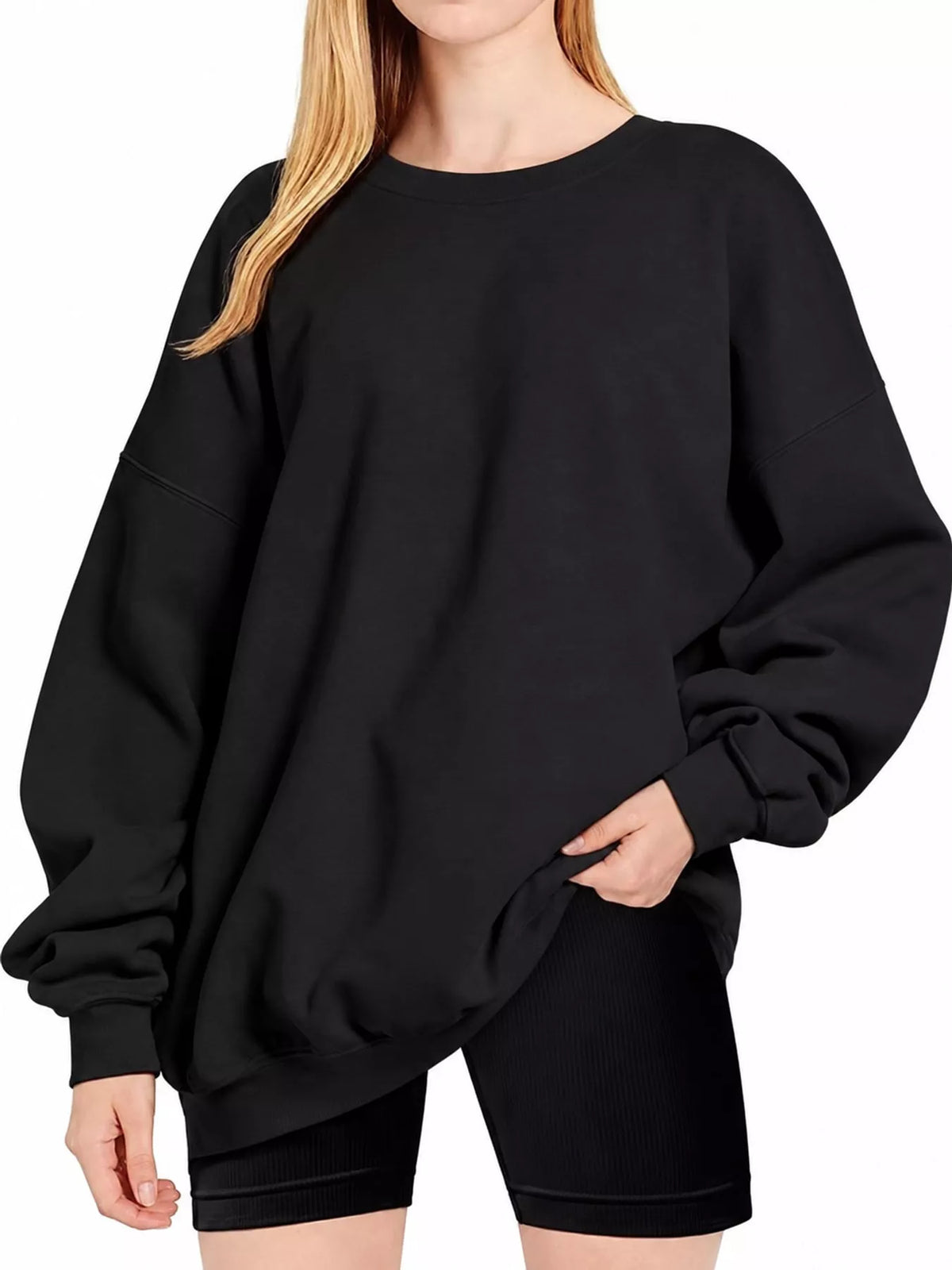 Ribbed Trim Crew Neck Sweatshirt in black, front view