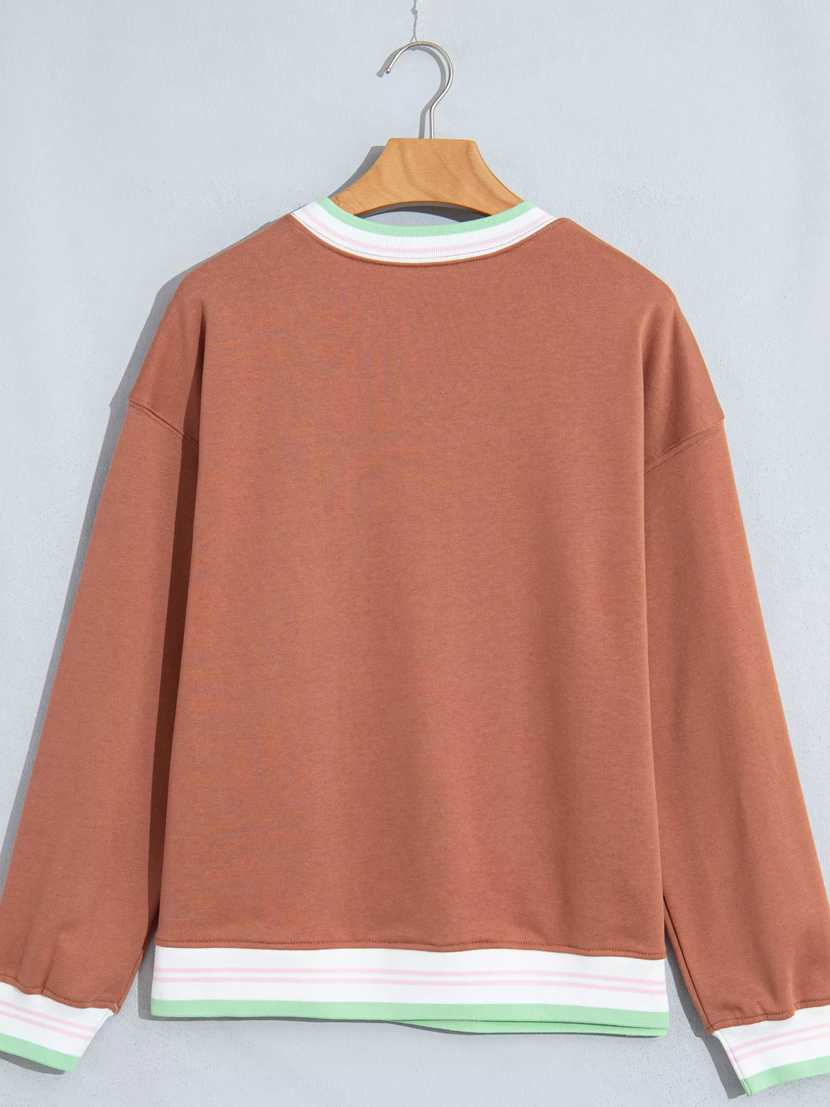 Brown sweatshirt with contrast striped ribbed trim, back view