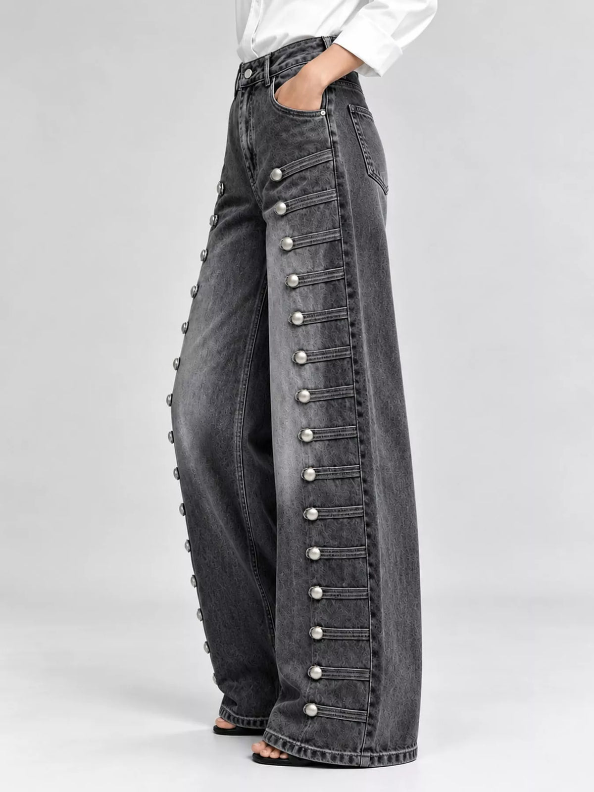 Decorative Button Wide-Leg Jeans in charcoal, side view