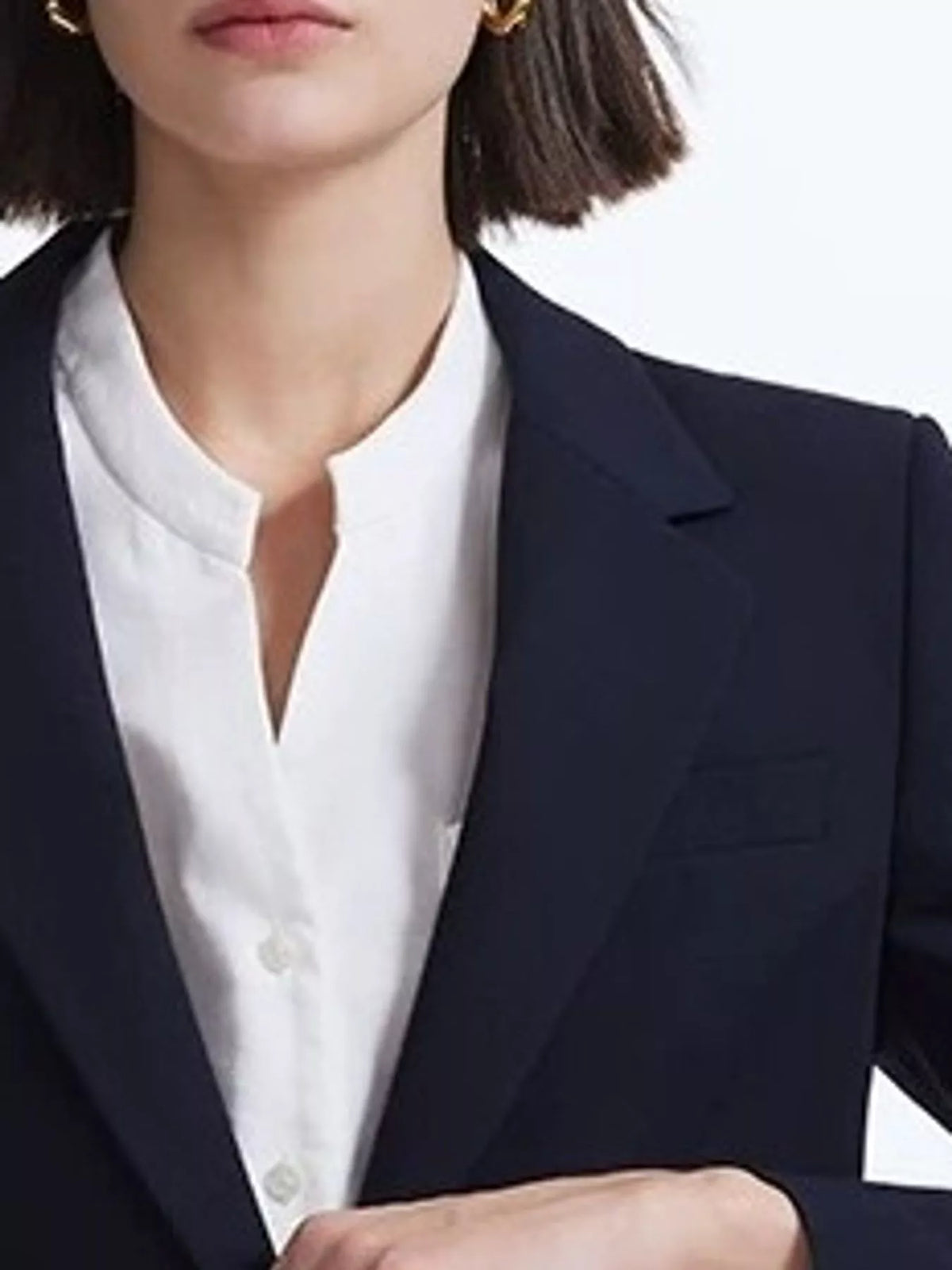 Single-Button Lapel Collar Blazer, detail view in navy blue