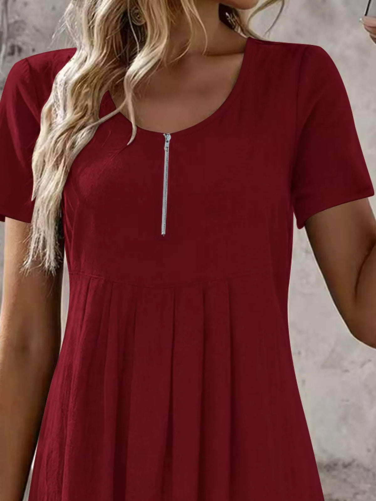 Trendsi Zipper-Front Short Sleeve A-Line Dress -