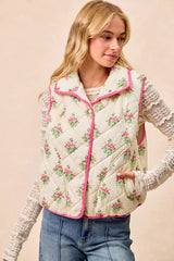 Trendsi BiBi Floral Print Piping Detail Quilted Vest -