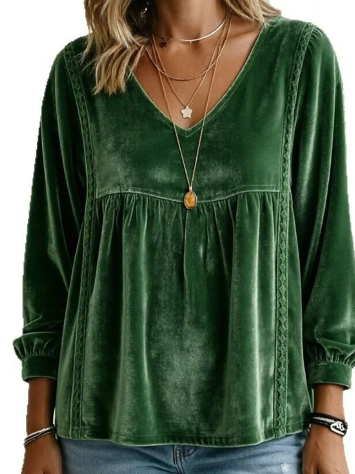 Women's V-Neck Long-Sleeve Velvet Blouse with Lace Trim — alternate view 27