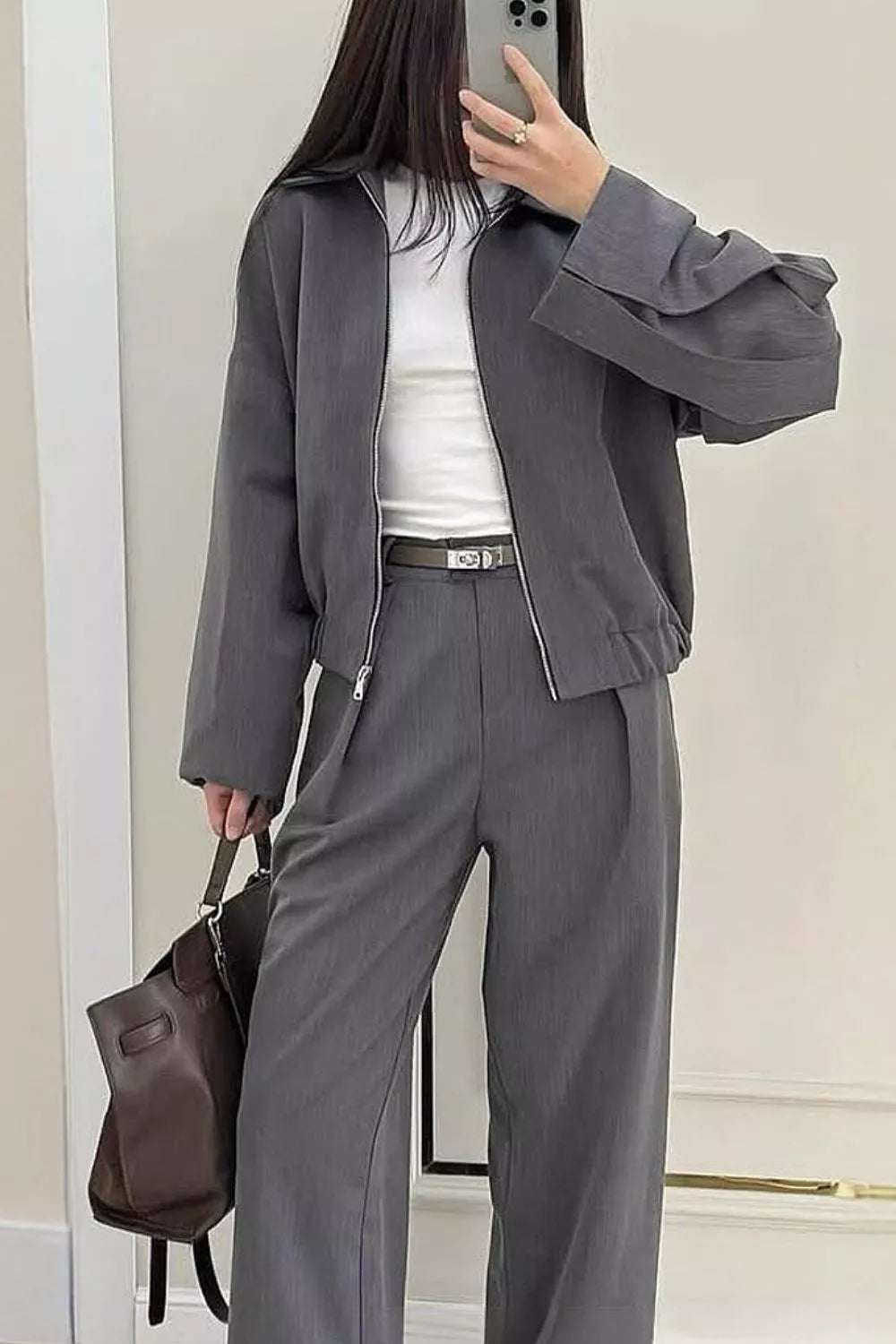 Trendsi Zip-Up Jacket and Wide-Leg Pants Set -