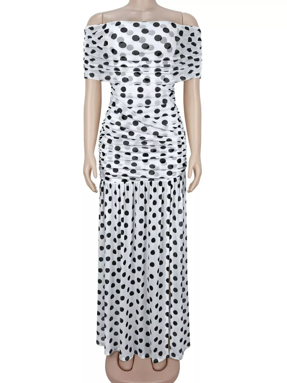 Trendsi Polka Dot Off Shoulder Slit Maxi Dress -
