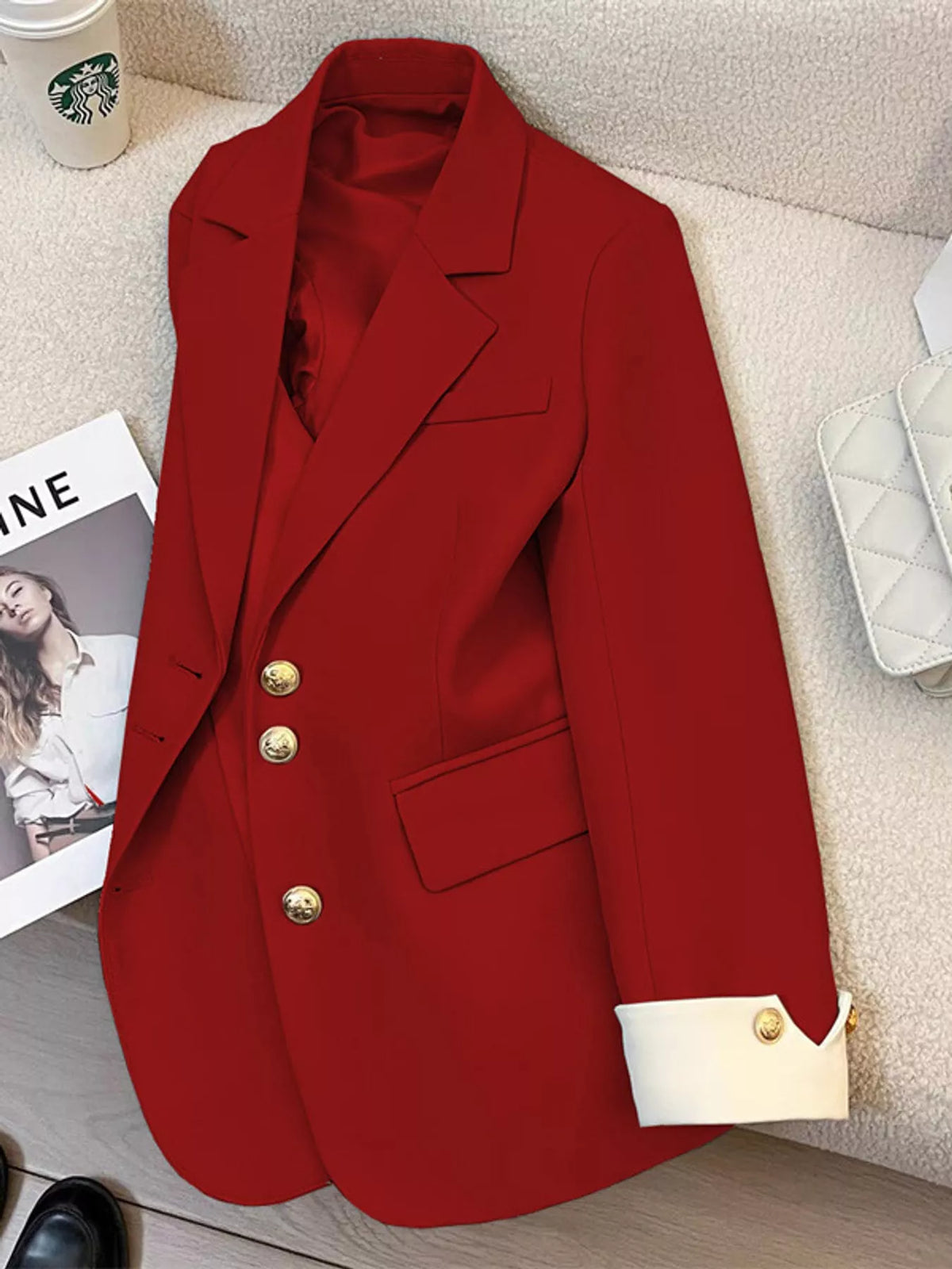 Red single-breasted blazer with gold-tone buttons
