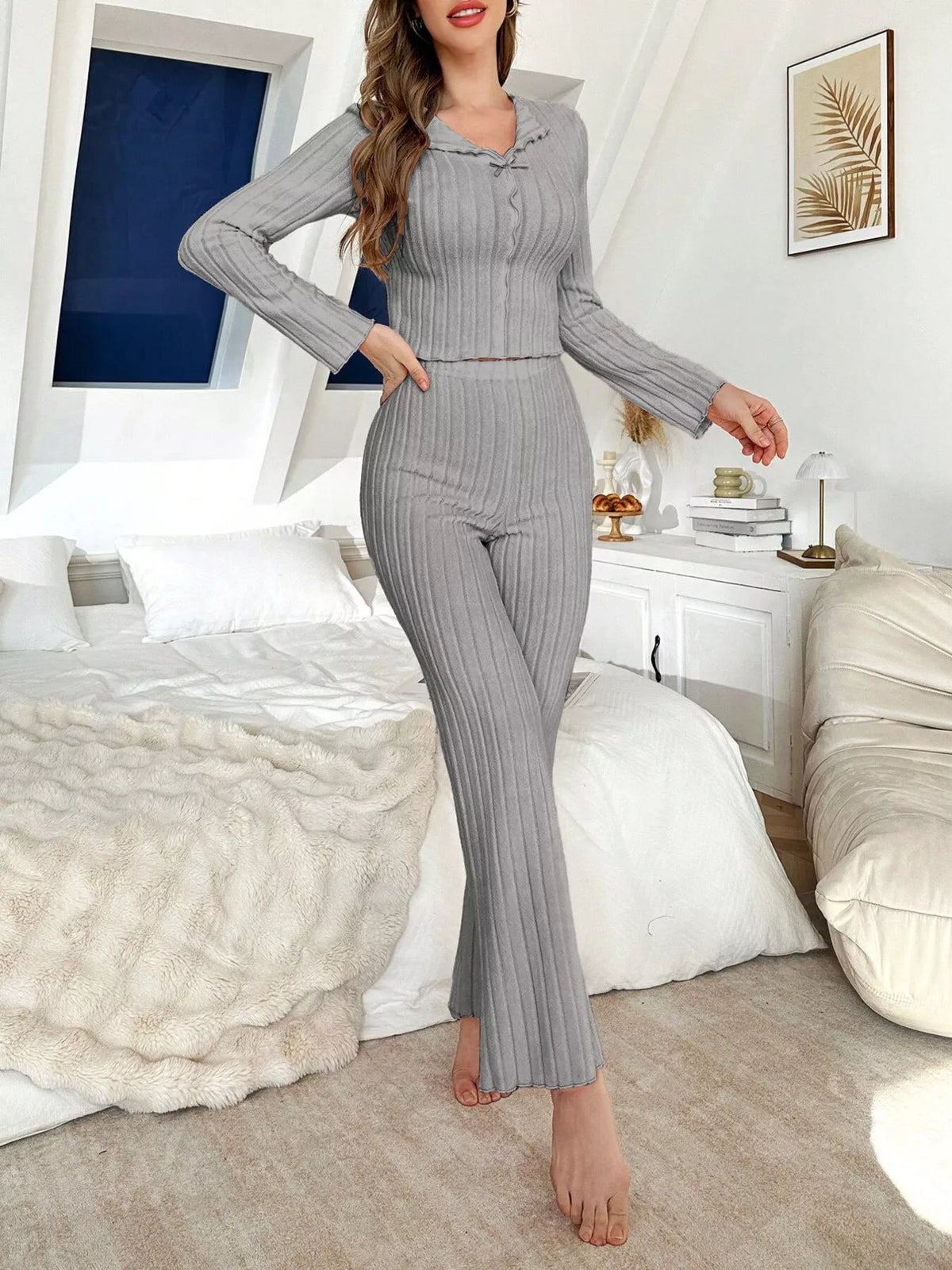 Trendsi Bow Detail Ribbed Knit Top and Pants Lounge Set -