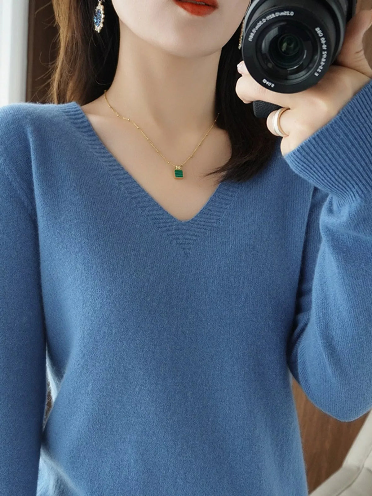 V-Neck Knit Sweater, detail view in blue