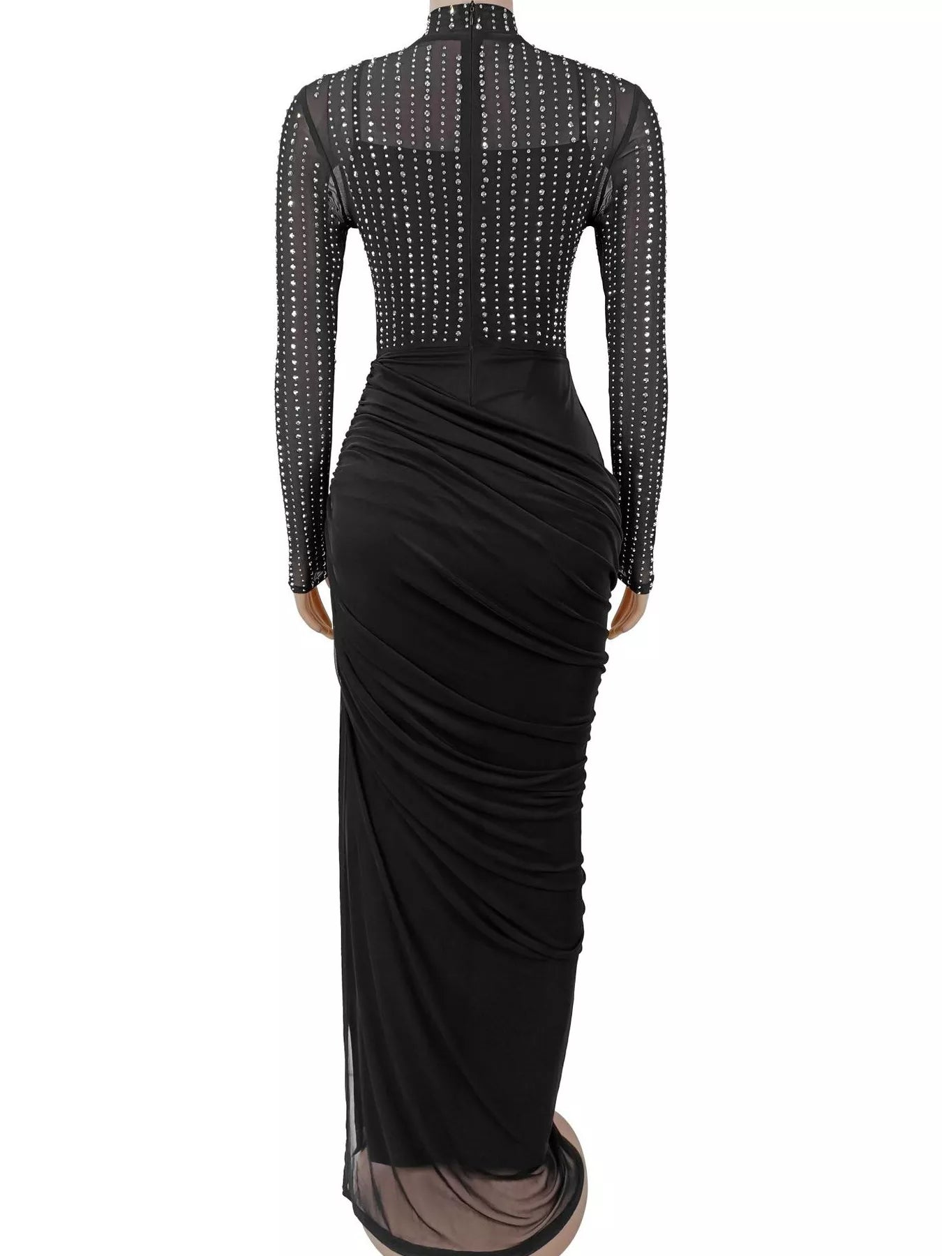Trendsi Rhinestone Mock Neck Ruched Maxi Dress -