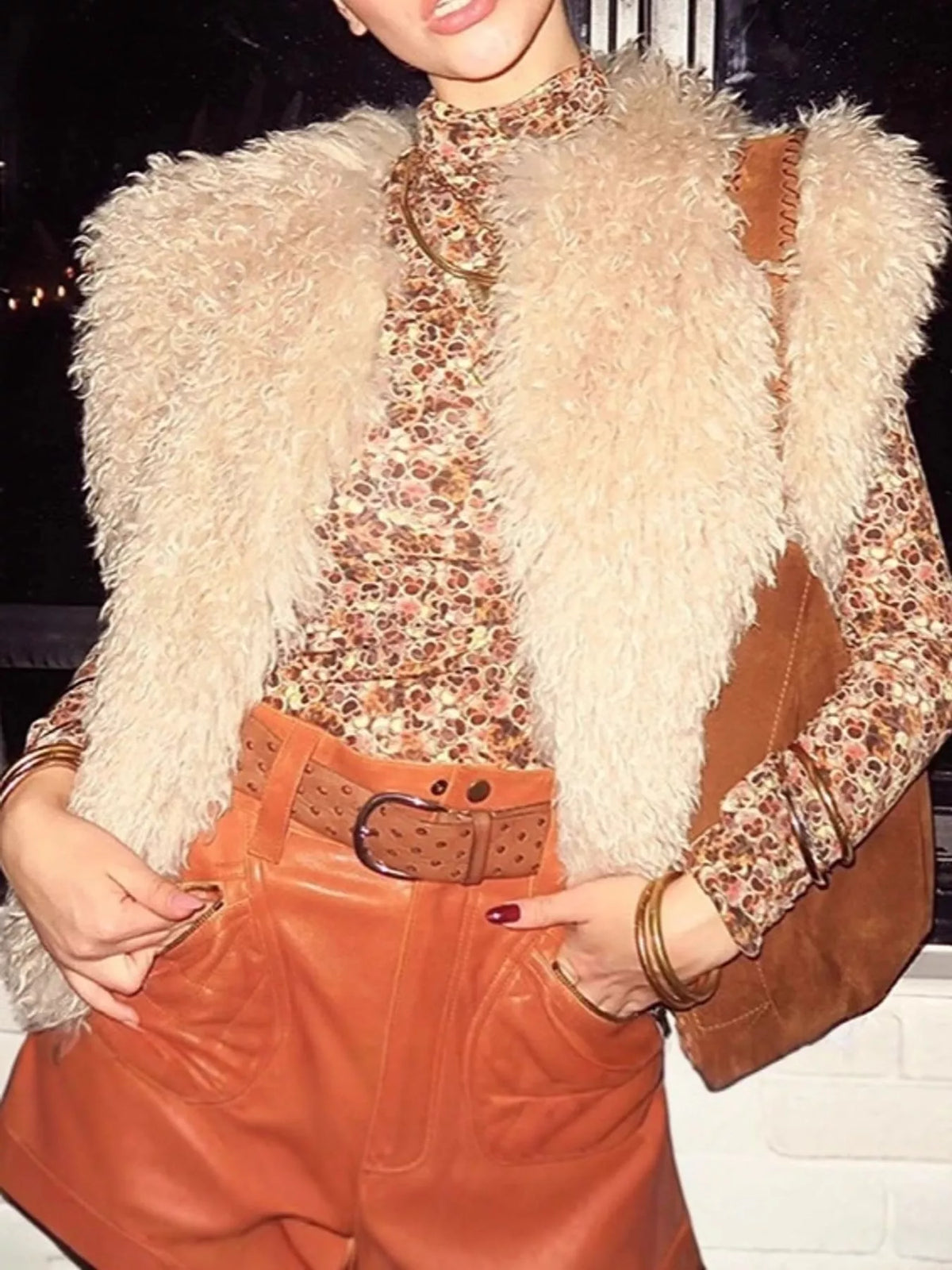 Faux Fur Open Front Vest Coat in cream