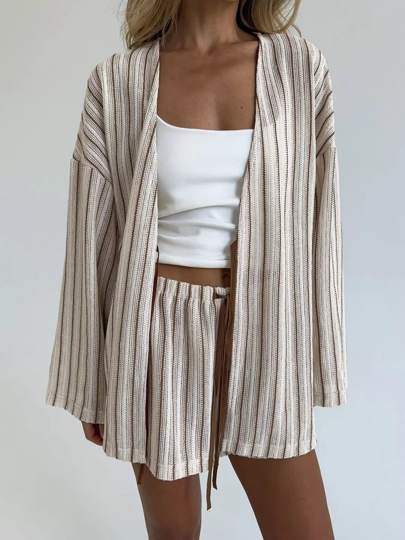 Trendsi Striped Tie Front Top and Shorts Lounge Set -