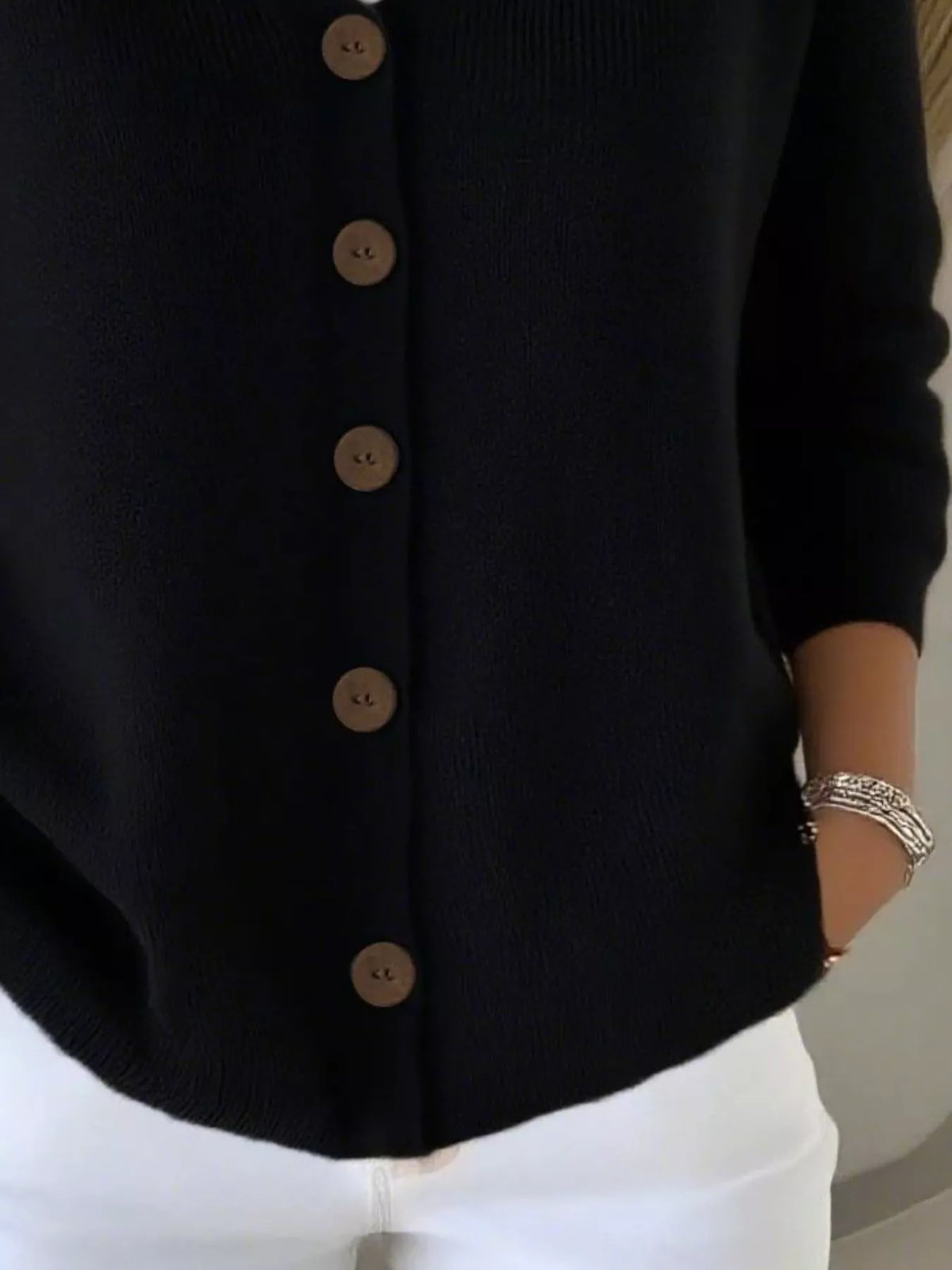 Women's V-Neck Button-Down Knit Cardigan in black — button detail view