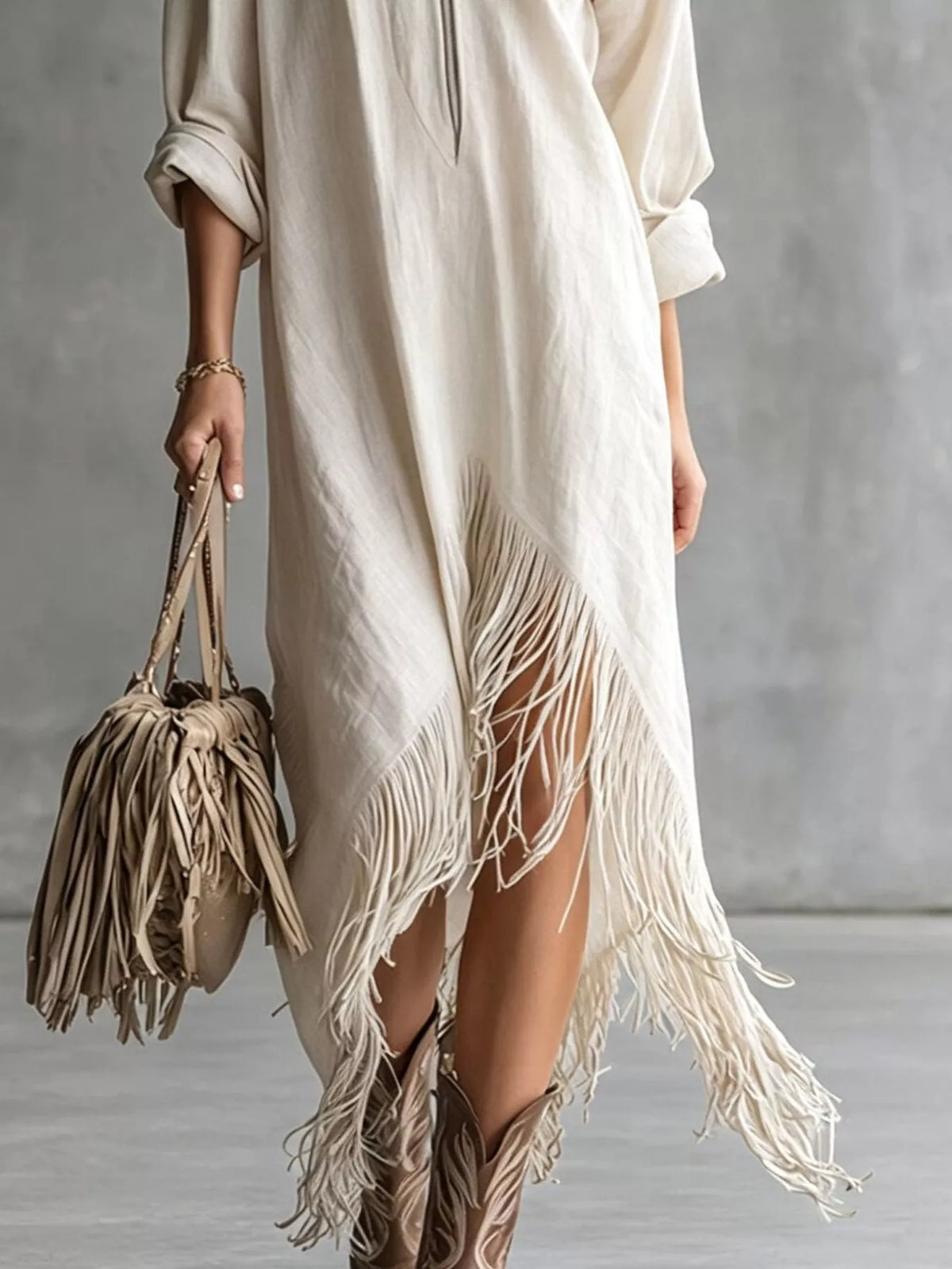 Zipper-Front Fringe Hem Midi Dress in cream, fringed hem detail