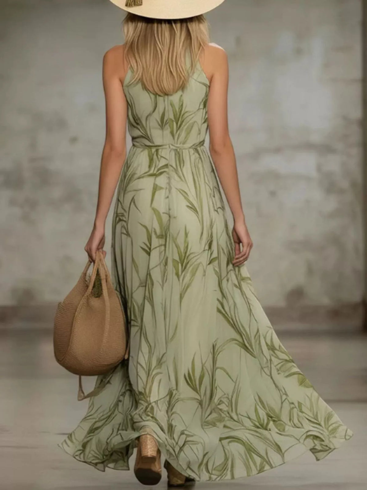 Trendsi Leaf Print Sleeveless Chiffon Maxi Dress -