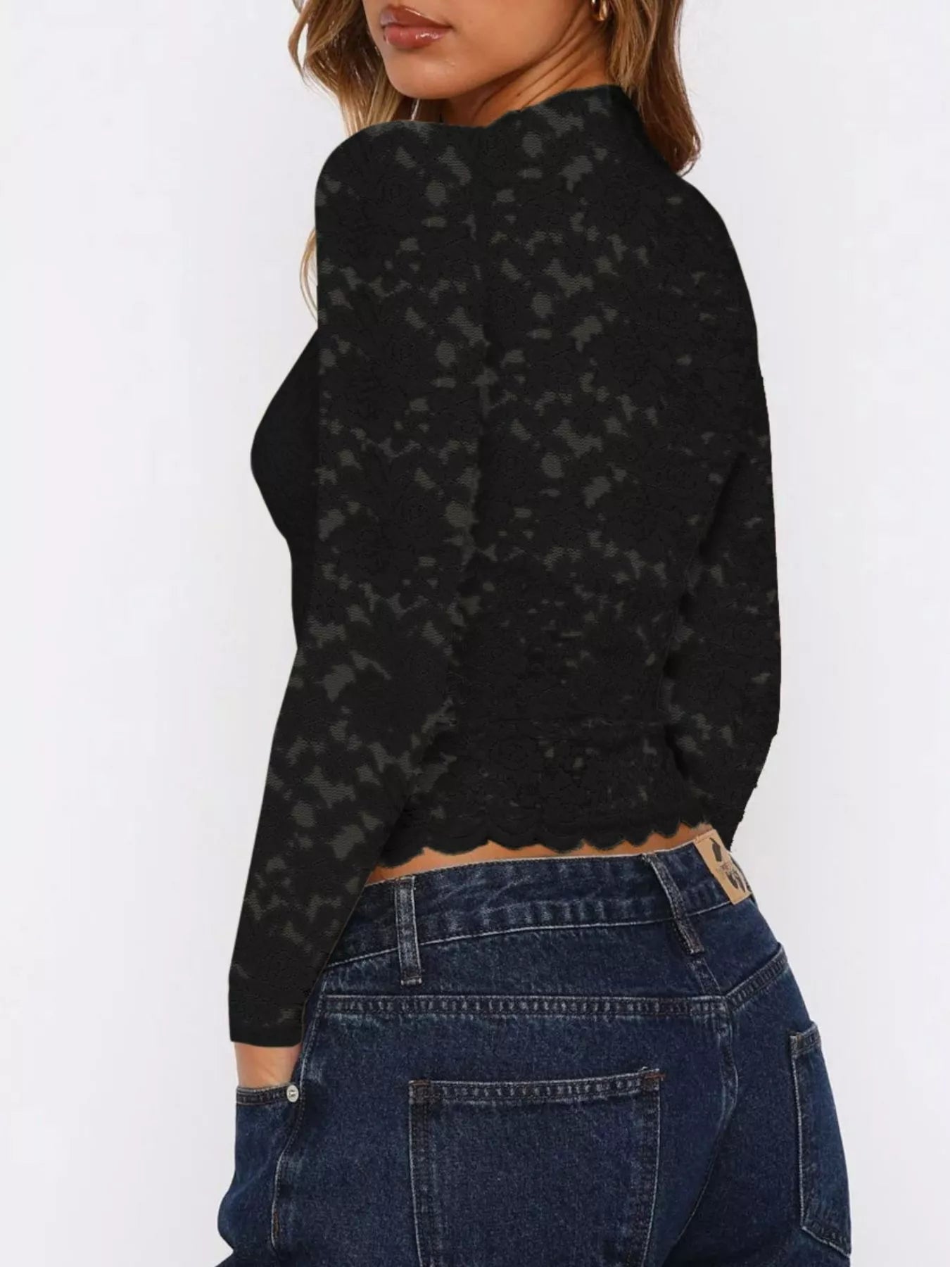 Trendsi Sheer Lace Long Sleeve V-Neck Top -